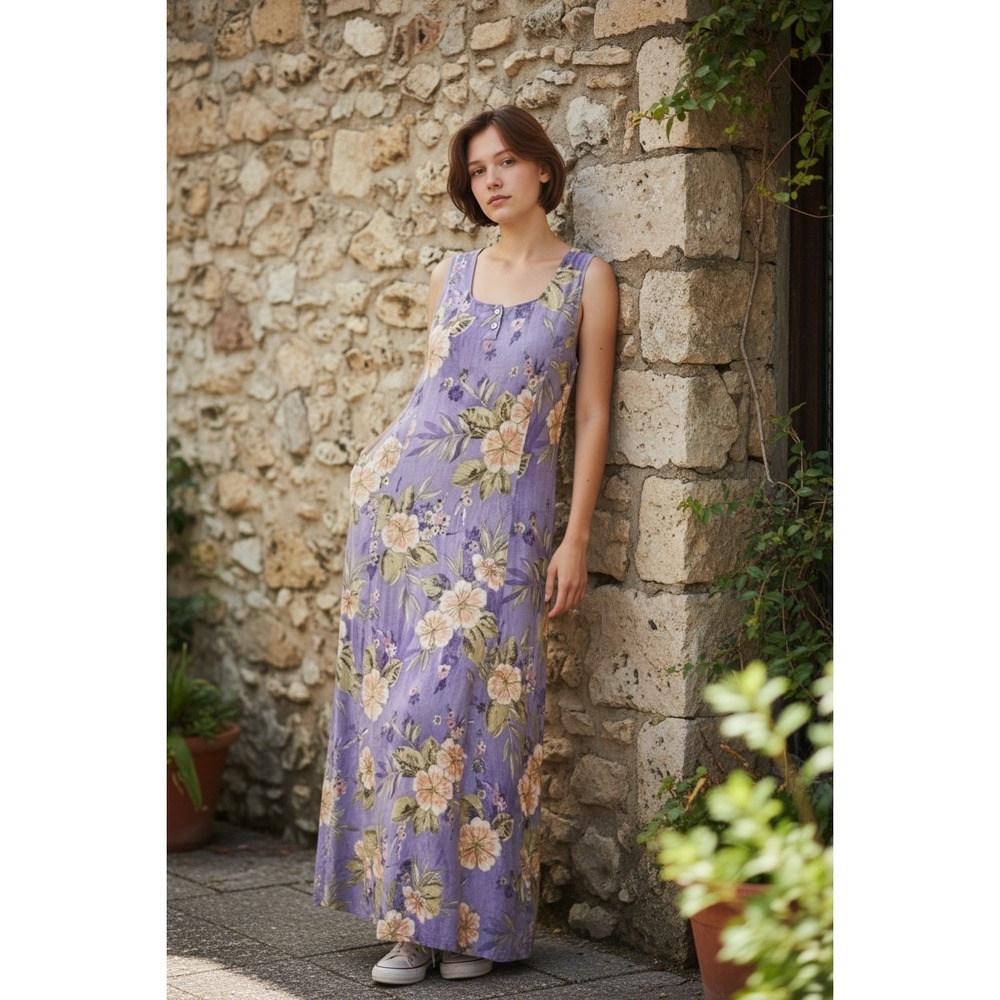Vintage Y2K Women's L Floral Midi Dress Purple Sleeveless Cottagecore Romantic